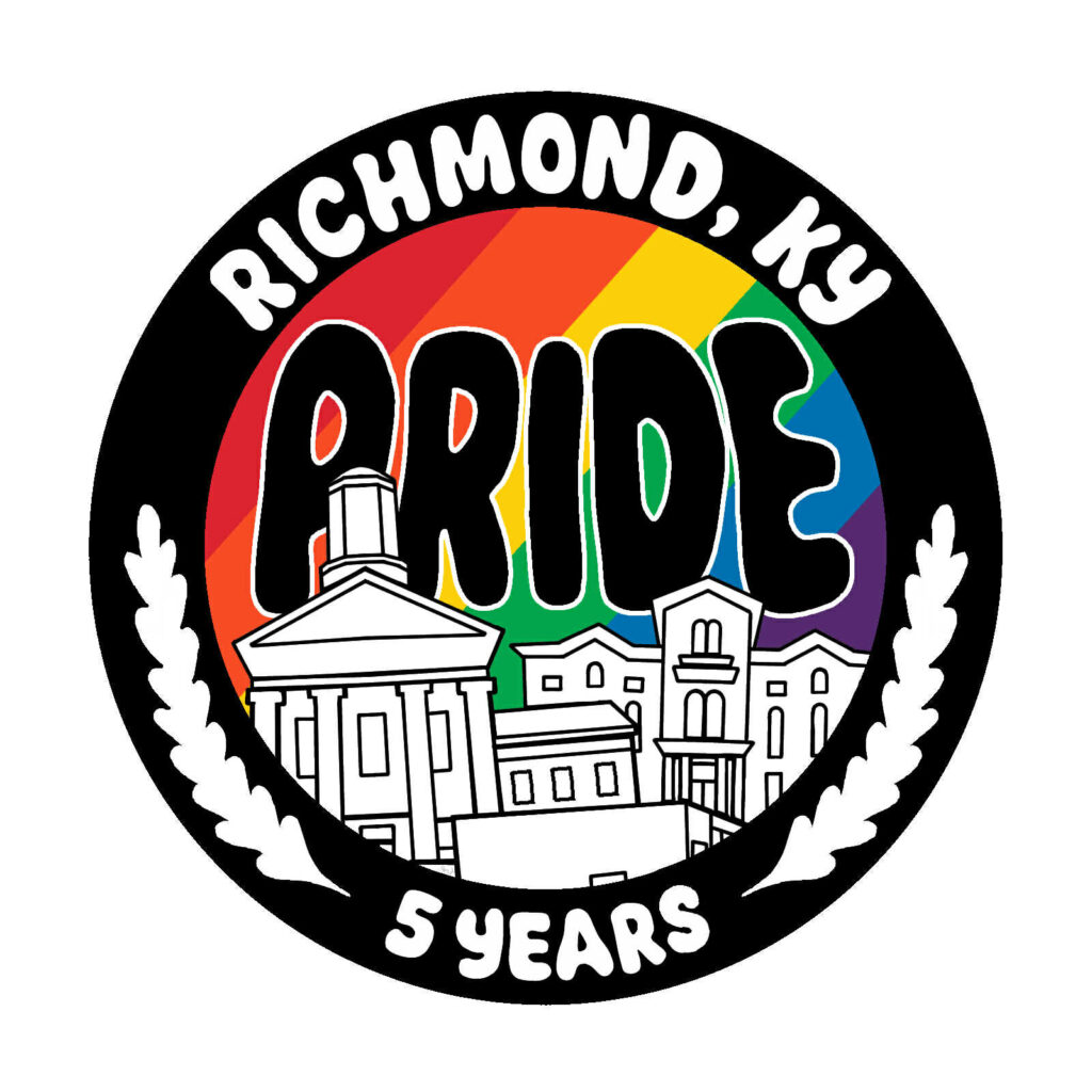 5 Years Richmond Pride Logo Round logo that says "Richmond, KY Pride 5 Years", the image in the middle is a line drawing of downtown Richmond with a rainbow background.