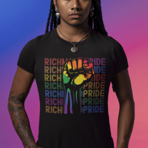 Black shirt that a rainbow fist in front of the word Richmond Pride that repeats on the shirt in a different color per row.