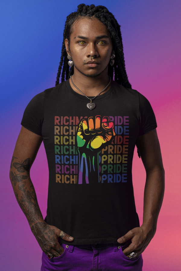 Black shirt that a rainbow fist in front of the word Richmond Pride that repeats on the shirt in a different color per row.