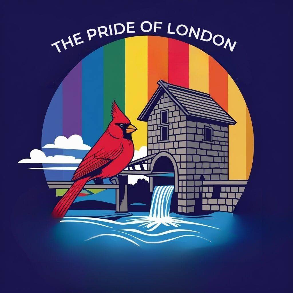 Pride of London logo, showing a cardinal and McHargue's Mill (a watermill) in front of a rainbow background.